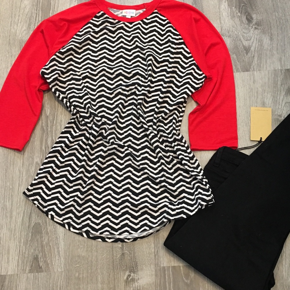 LuLaRoe L Randy baseball T, funky black white red